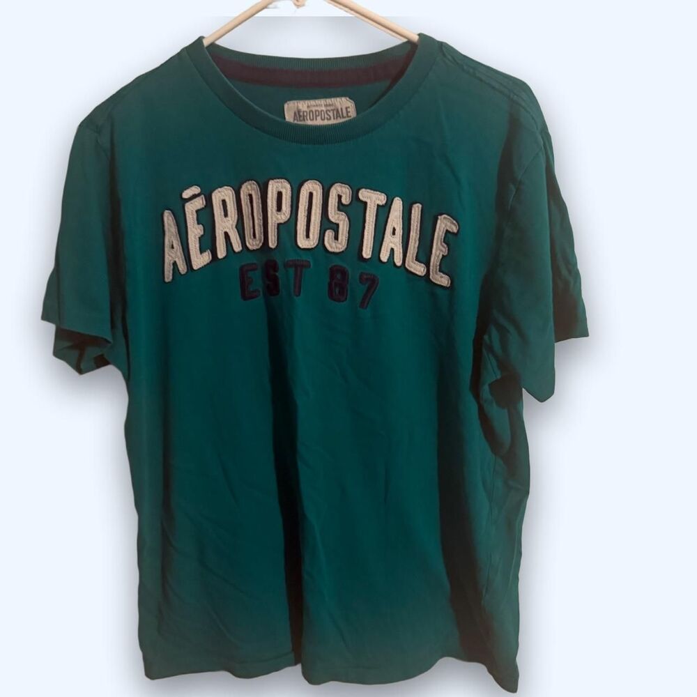 Aeropostale Shirt Mens Large Teal Embroidered Applique Logo Spellout Tee